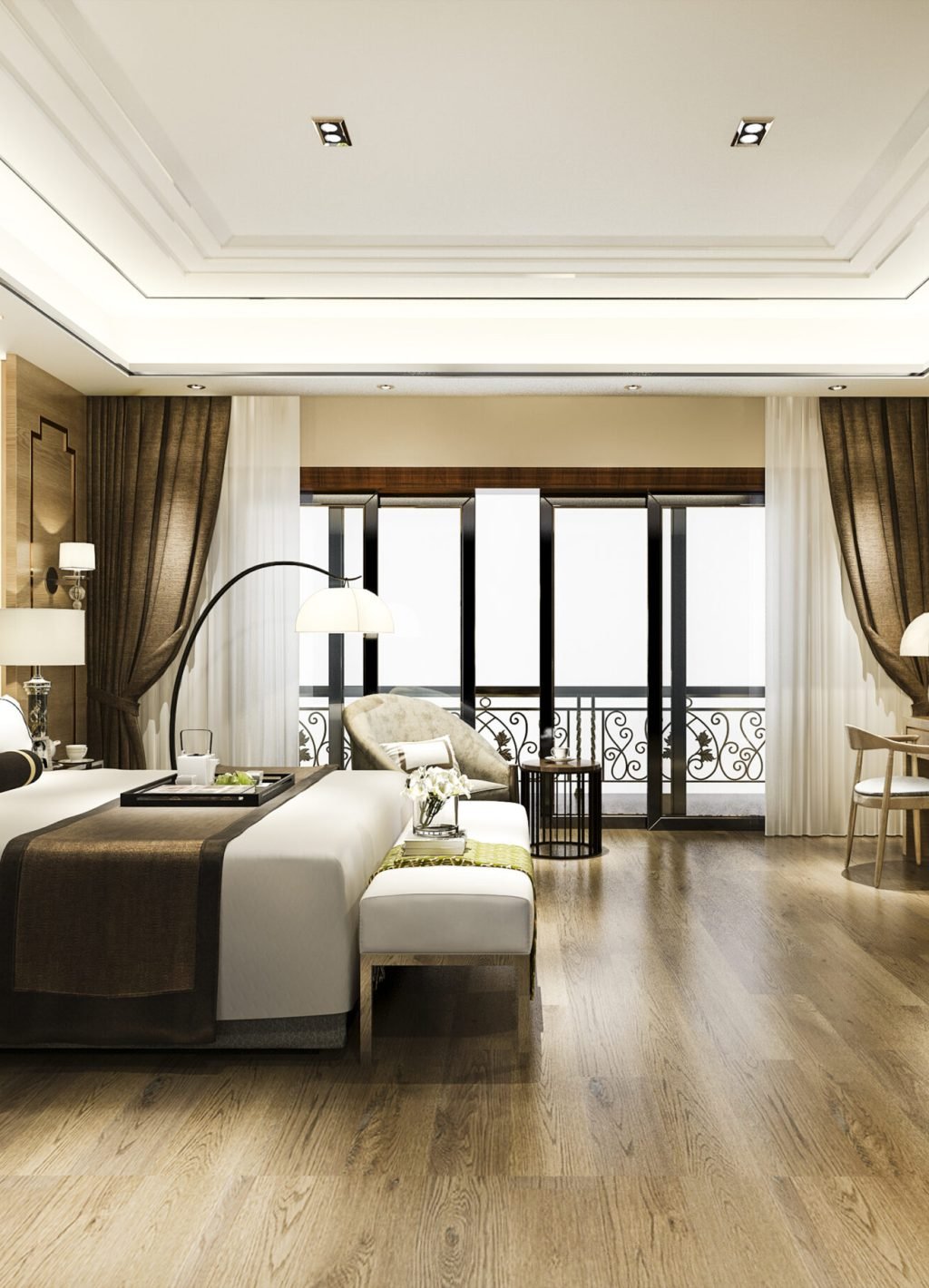 3d rendering luxury bedroom suite in resort high rise hotel with working table